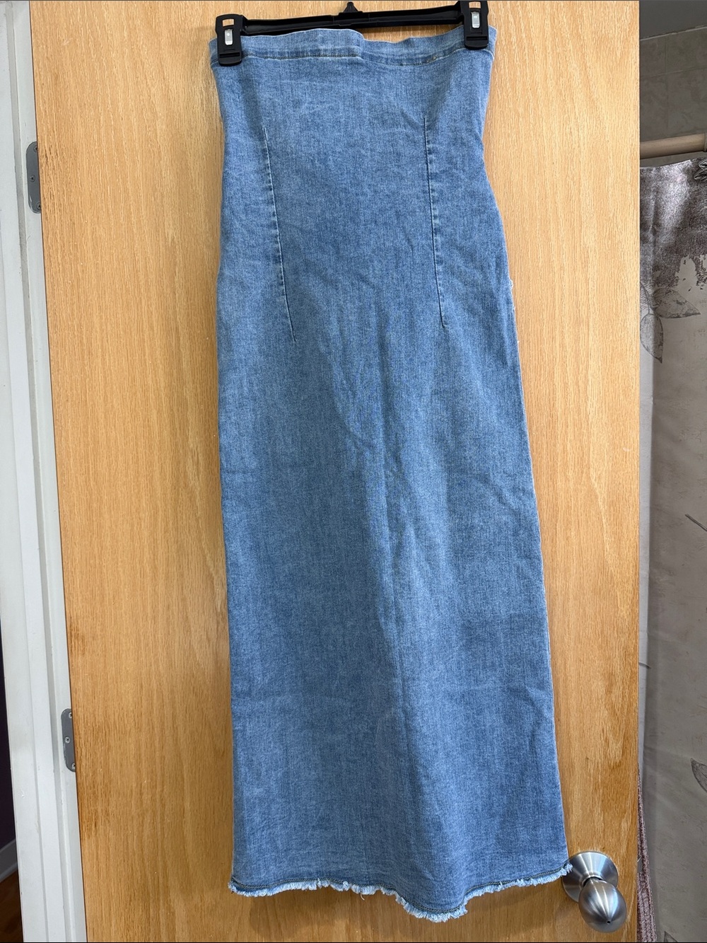 Strapless Light Blue Denim Midi Dress with Tie Waist - Picture 3 of 3